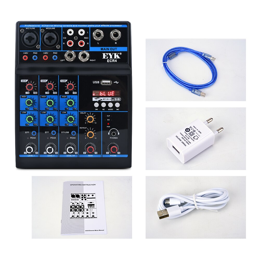 EYK ECR4 Audio Mixer with Sound card 4 Channel Stereo Mixing Console Bluetooth-compatible USB for PC Computer Record Playback