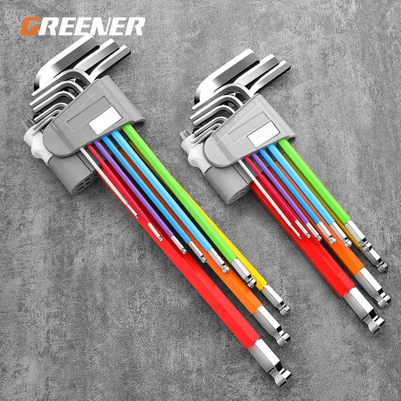 GREENER Allen Key Set 9pcs Set Hexagon Spanner Universal Hex Wrench Screwdriver 6 Angle Six-Lens Ball Keys Color Hand Tools