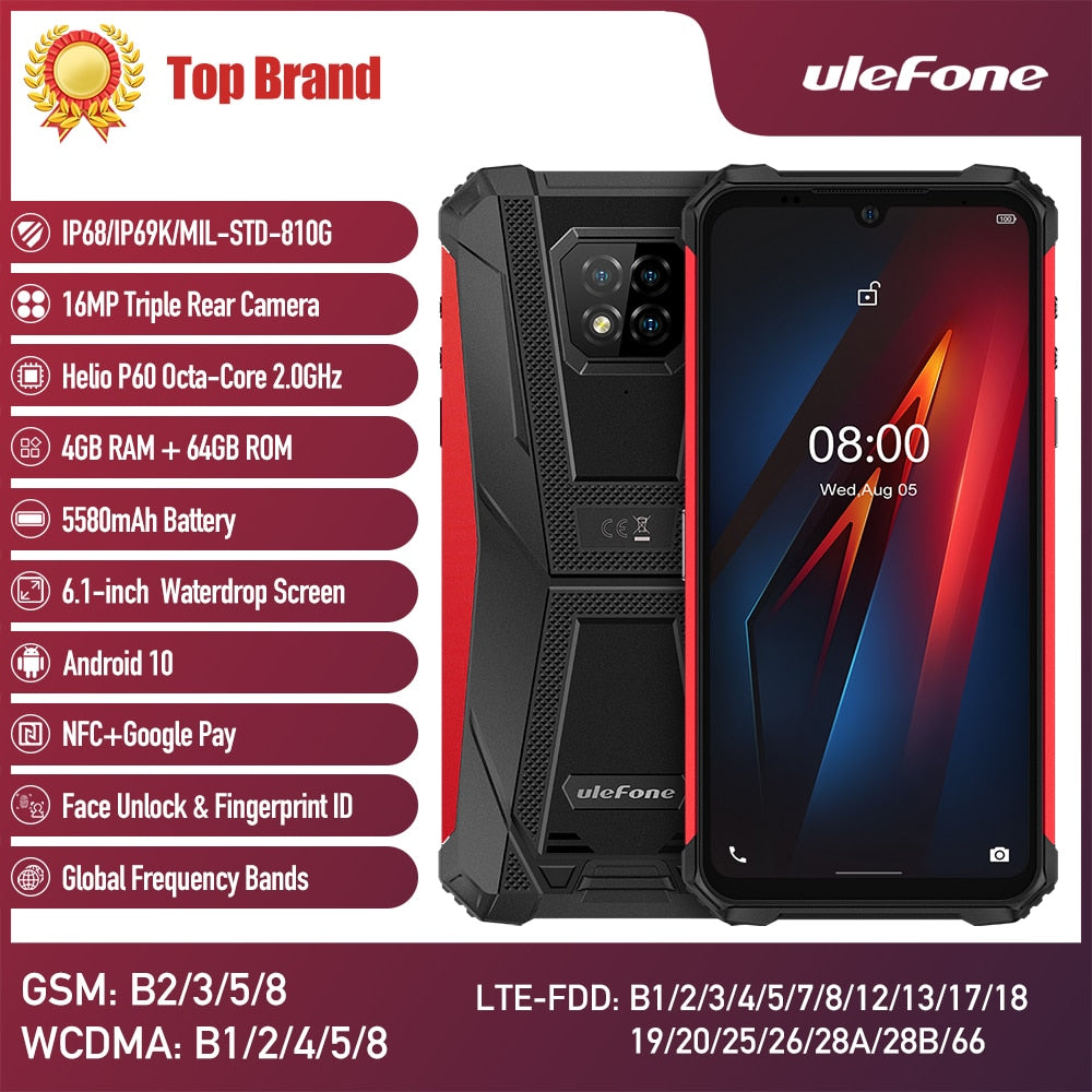 Ulefone Armor 8  Rugged Mobile Phone NFC Android  Helio P60 4GB+64GB 16MP Triple Camera Octa-core  6.1'' Waterproof Smartphone