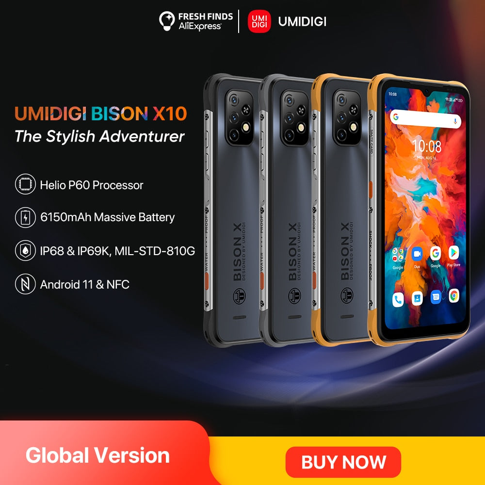 UMIDIGI BISON X10 IP68 Rugged Android Smartphone NFC 4GB 64GB Helio P60 Octa Core 6.53" HD+ 20MP Triple Camera 6150mAh Cellular