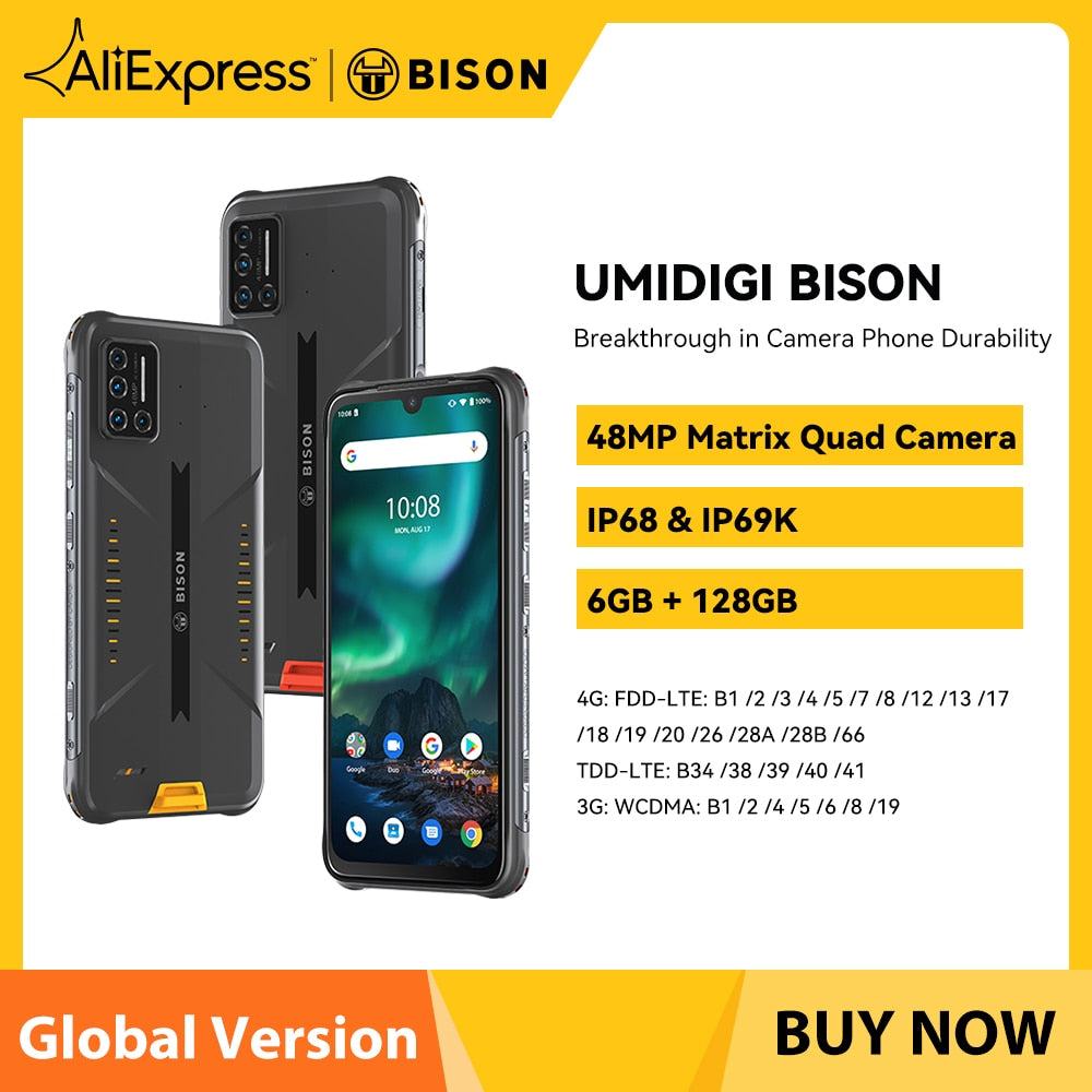 UMIDIGI BISON IP68/IP69K Waterproof Smartphone Rugged Phone 6/8GB+128GB NFC 48MP Matrix Quad Camera 6.3&quot; FHD+ DisplayAndroid 10