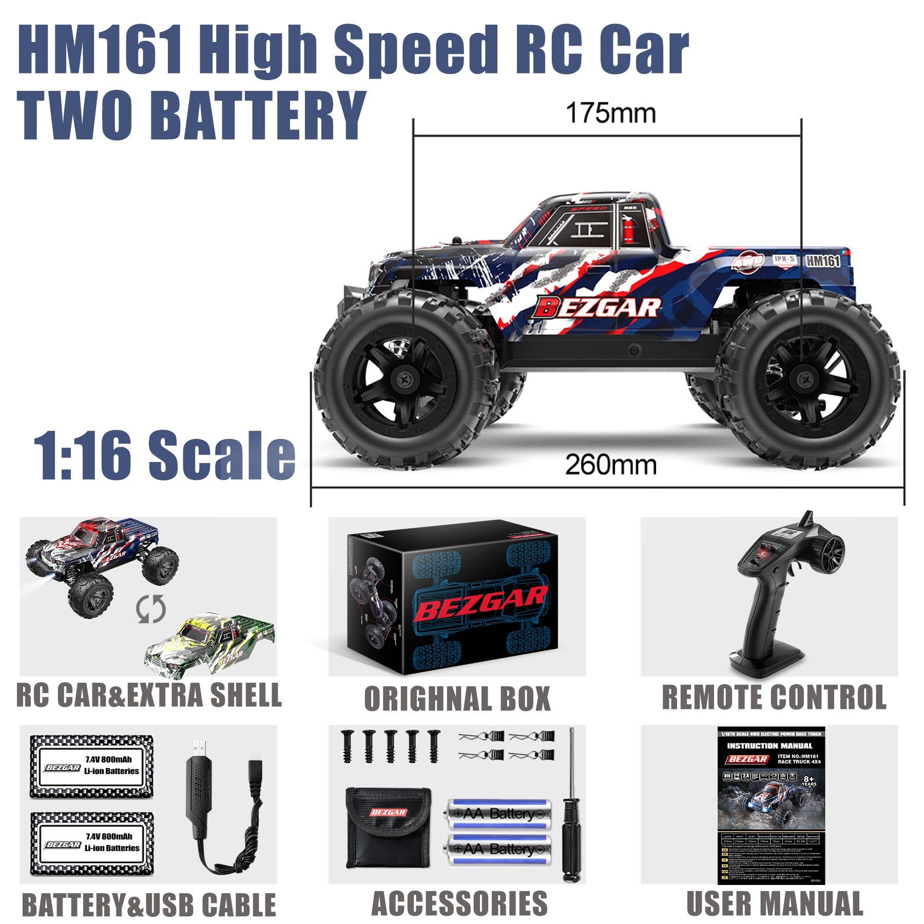 BEZGAR HM161 Hobby RC Car Truck 1:16 All-Terrain 40Km/h Off-Road 4WD Remote Control Monster Crawler with Battery for Kids Adults