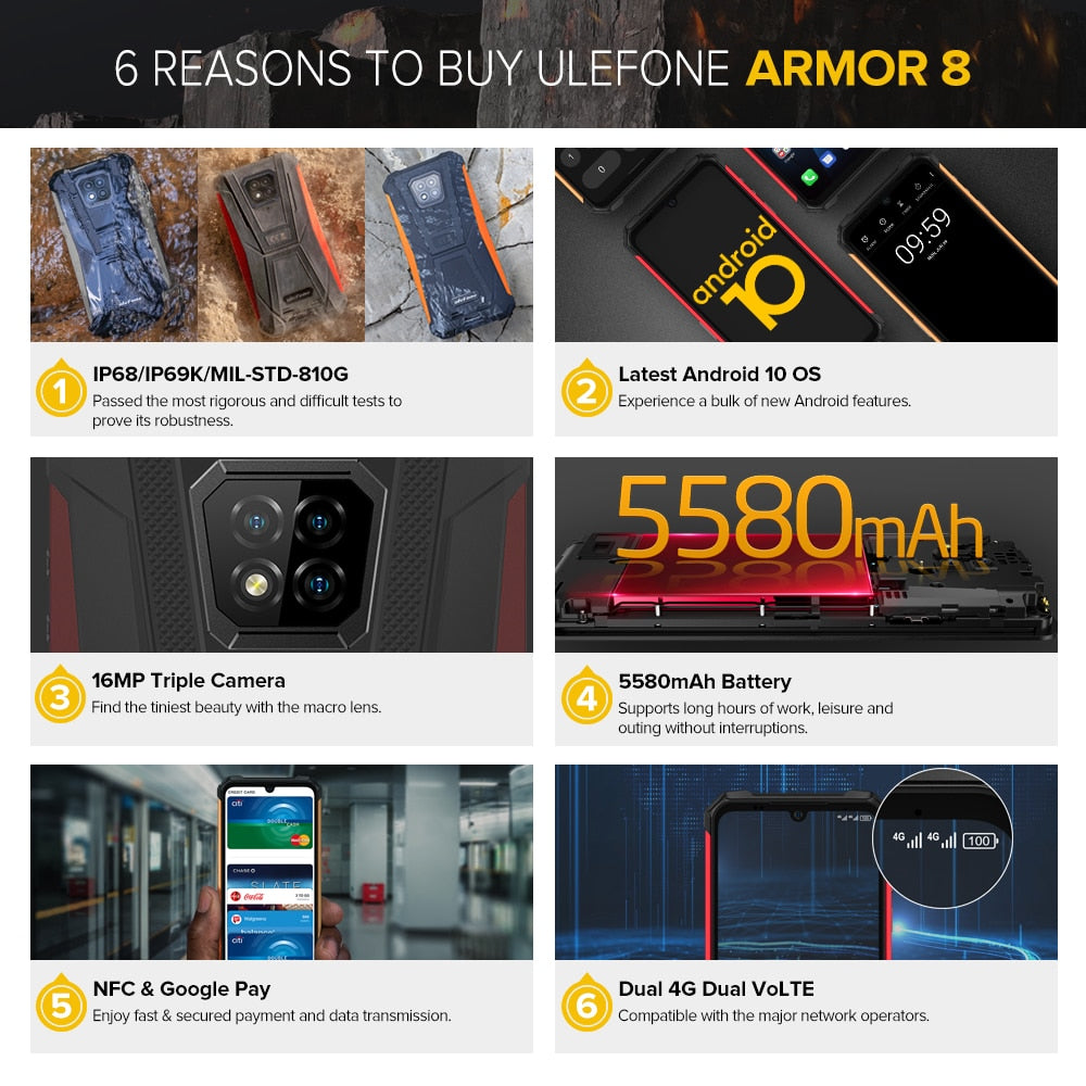 Ulefone Armor 8  Rugged Mobile Phone NFC Android  Helio P60 4GB+64GB 16MP Triple Camera Octa-core  6.1'' Waterproof Smartphone