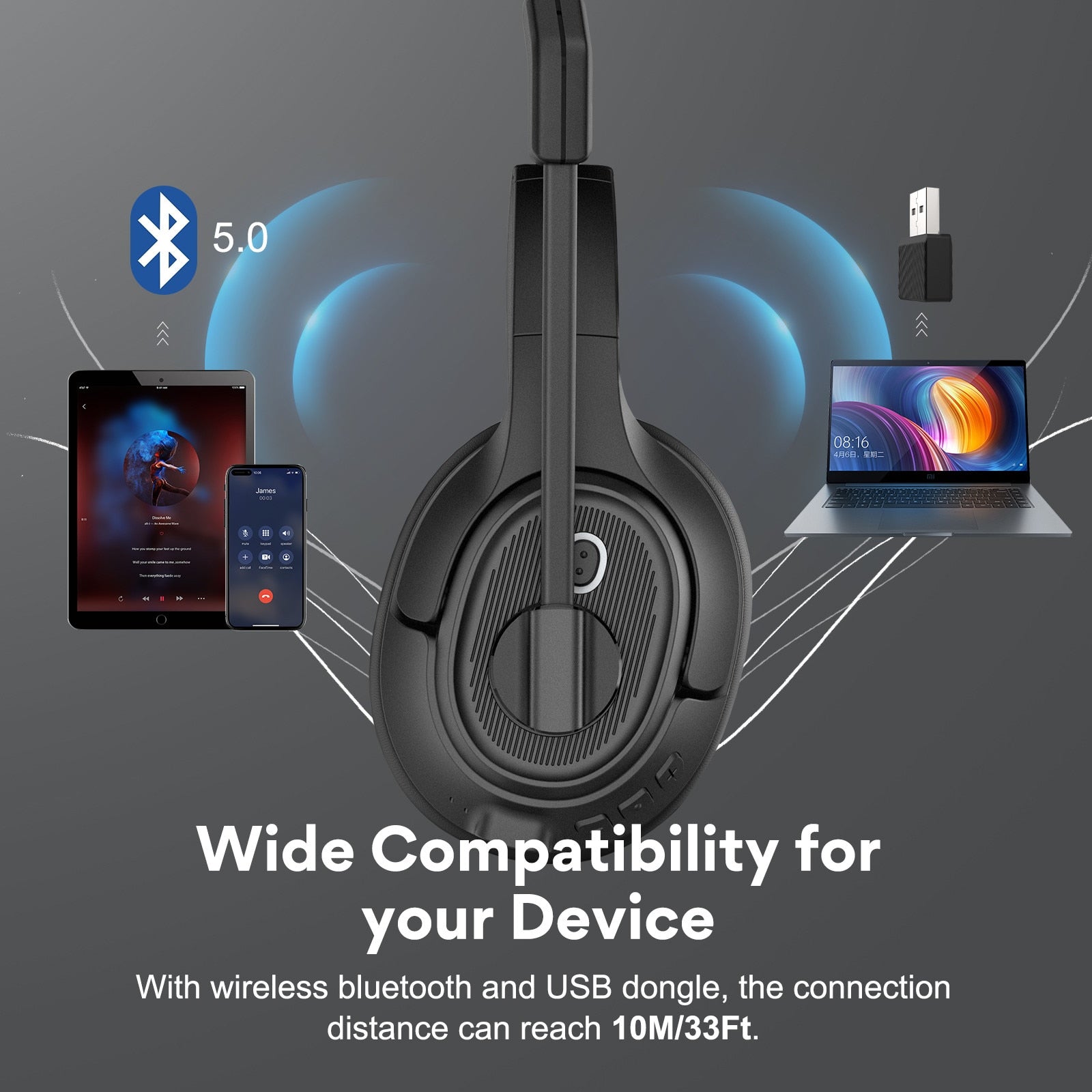 EKSA H6 Wireless Headphones Bluetooth 5.0 Headset with USB Dongle ENC Call Noise Cancelling Mic 30H Playtime For Office Computer