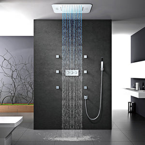 Bluetooth Music LED Shower Systems Tap Rain Shower Set Waterfall Bathroom Faucet Thermostatic Concealed Mixer Shower Head Chrome