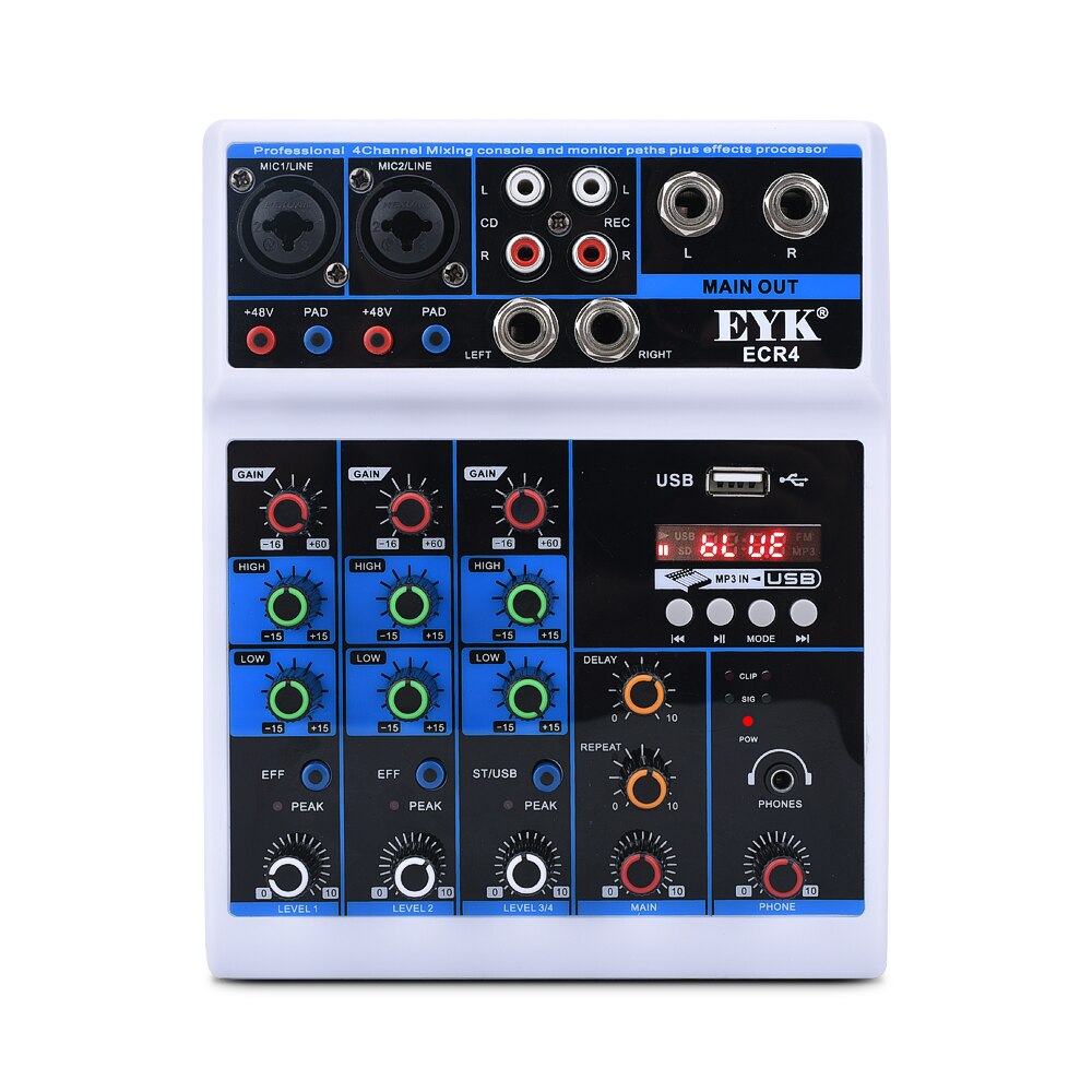 EYK ECR4 Audio Mixer with Sound card 4 Channel Stereo Mixing Console Bluetooth-compatible USB for PC Computer Record Playback