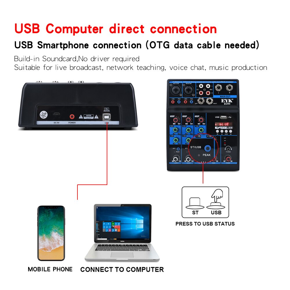 EYK ECR4 Audio Mixer with Sound card 4 Channel Stereo Mixing Console Bluetooth-compatible USB for PC Computer Record Playback