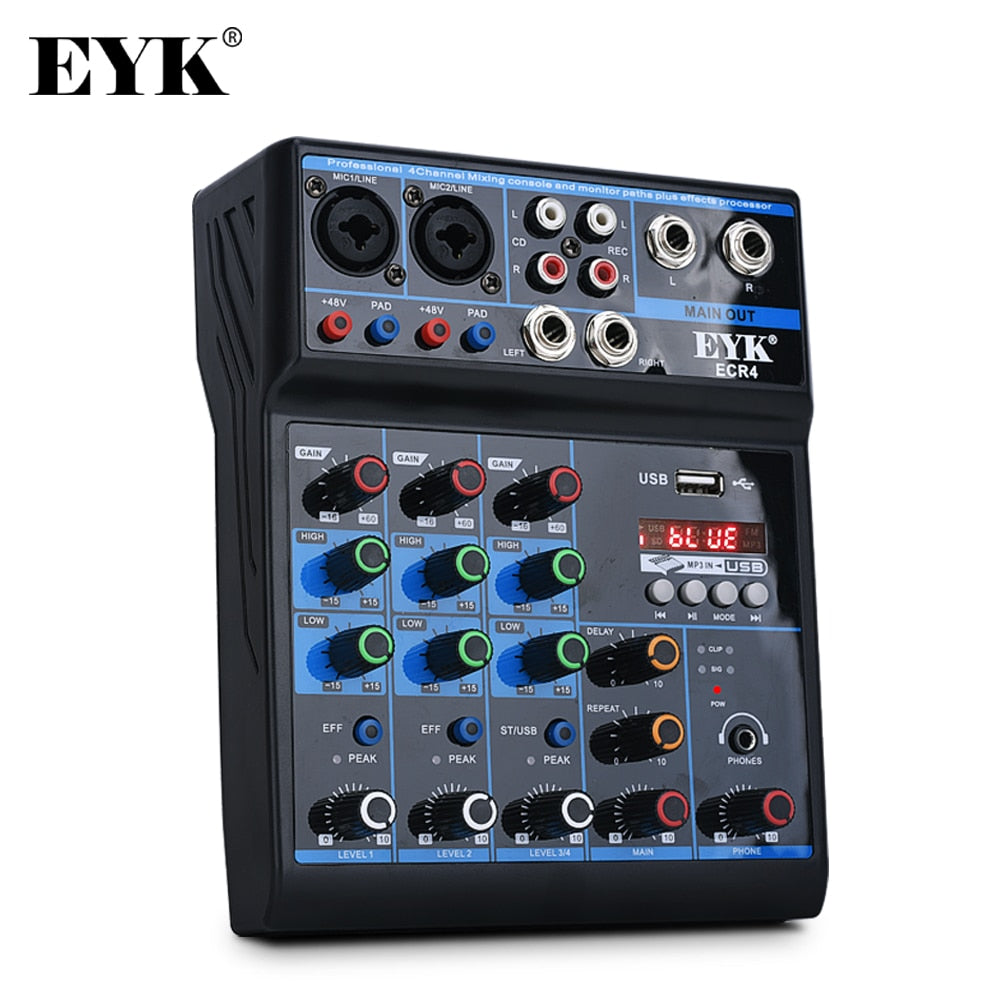 EYK ECR4 Audio Mixer with Sound card 4 Channel Stereo Mixing Console Bluetooth-compatible USB for PC Computer Record Playback