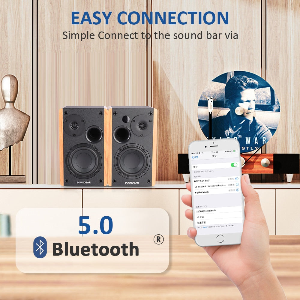 80W 2.0 HiFi Speaker Bookshelf Bluetooth Speaker Sound System Wood Music Speakers For TV Computer Soundbar 4.5Inch USB