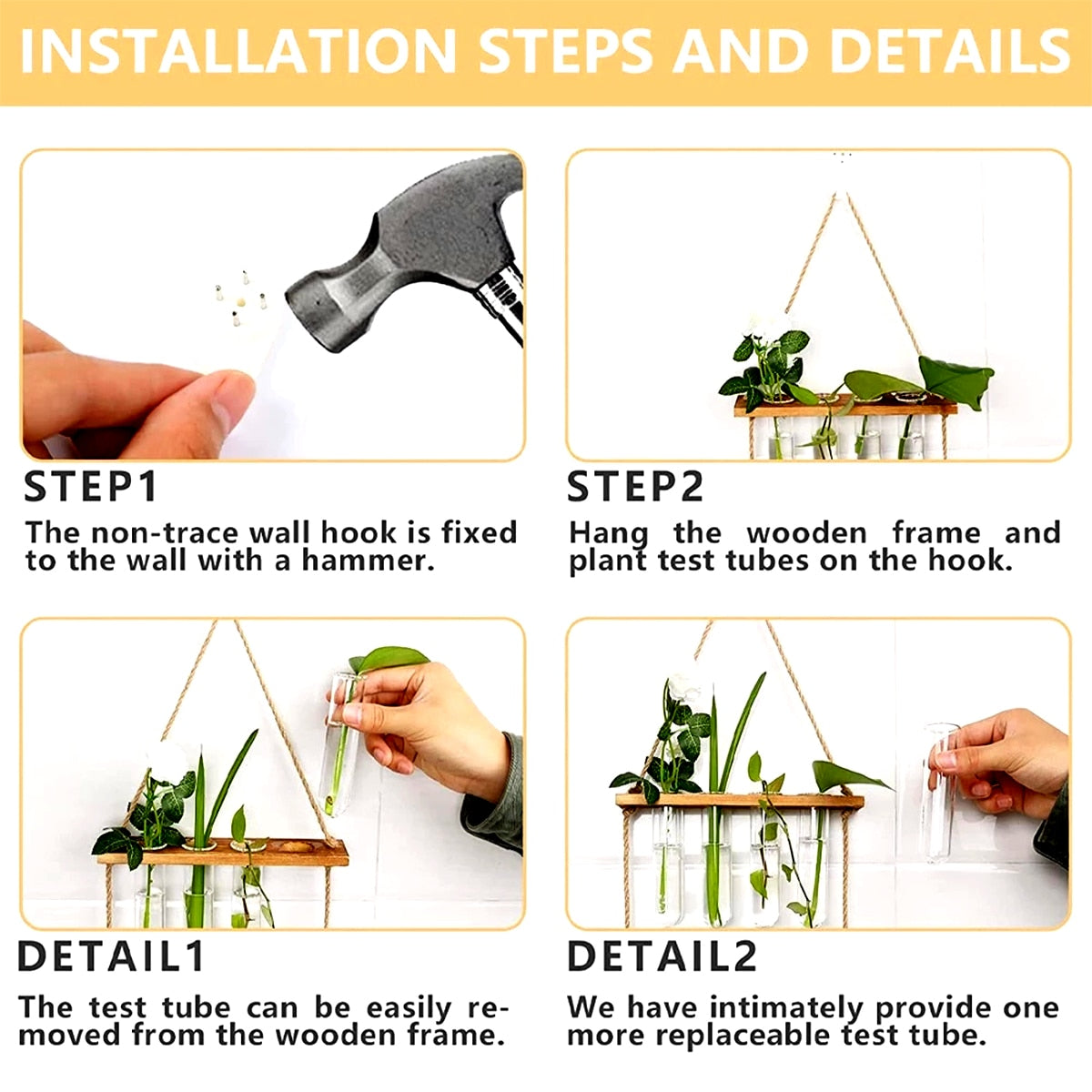 Ins Wall Hanging Glass Planter Terrarium Container Flower Bud Vase with Wooden Test Tube Holder for Propagation Hydroponic Plant