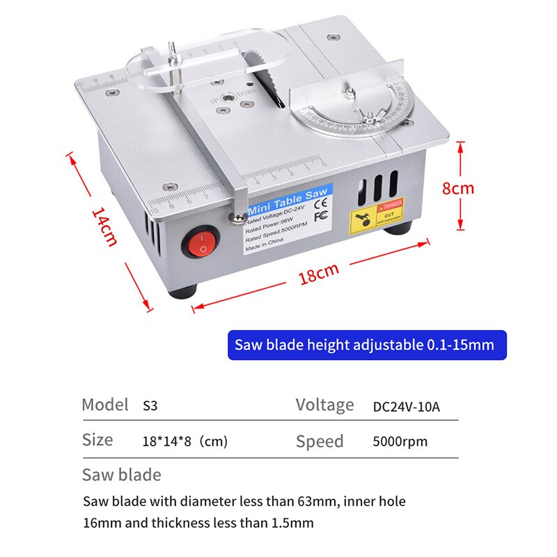 Multifunction Mini Table Saw Electric Small Bench Saw DIY Hobby Model Crafts Cutting Tool 775 Motor DC12V-24V Liftable Saw