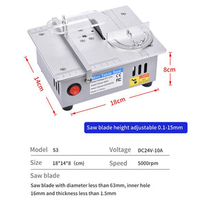 Multifunction Mini Table Saw Electric Small Bench Saw DIY Hobby Model Crafts Cutting Tool 775 Motor DC12V-24V Liftable Saw