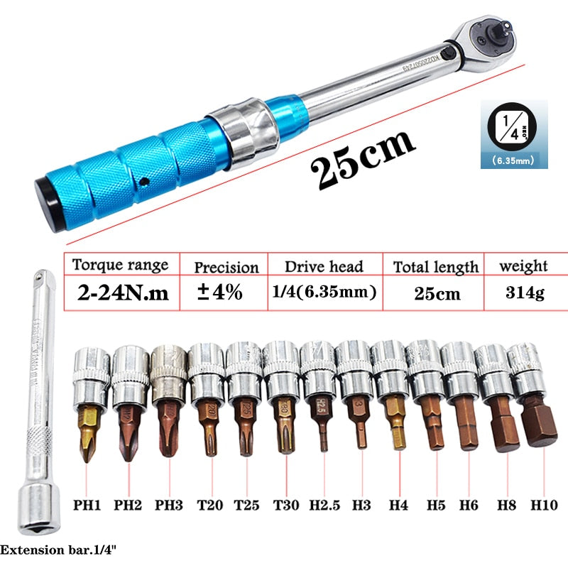 Torque Wrench Set 1/4" 2-24Nm Bike Torque Wrench Allen Key Tool Socket Spanner Set Cycling Tool Bicycle Repair Kit 15Pc