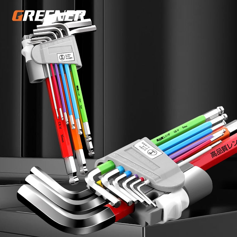 GREENER Allen Key Set 9pcs Set Hexagon Spanner Universal Hex Wrench Screwdriver 6 Angle Six-Lens Ball Keys Color Hand Tools