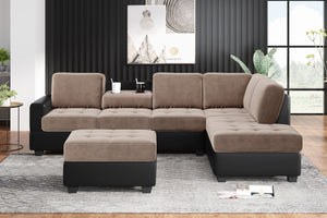 Modern Sectional Sofa with Reversible Chaise, L Shaped  Couch Set with Storage Ottoman and Two Cup Holders