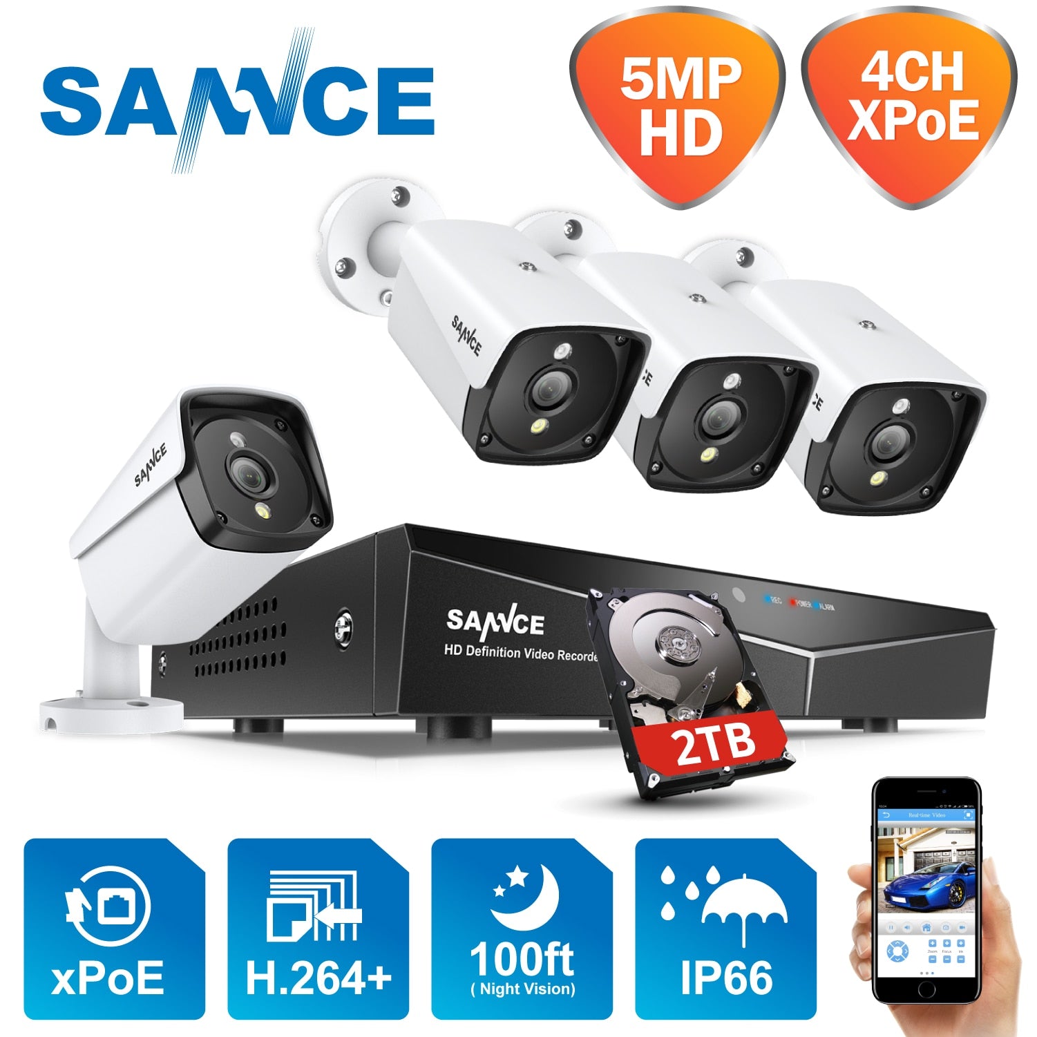 SANNCE 4CH HD 5MP XPOE CCTV NVR System 5MP 4PC IP Cameras Outdoor Weatherproof Home Video Security Surveillance Cameras System