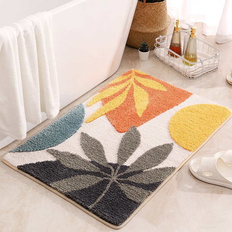 Inyahome Leaves Microfiber Polyester Bath Mat Non-Slip Shower Accent Rug for Master Guest and Kids' Bathroom Entryway Home Decor