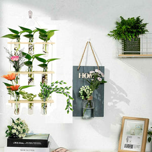 Ins Wall Hanging Glass Planter Terrarium Container Flower Bud Vase with Wooden Test Tube Holder for Propagation Hydroponic Plant