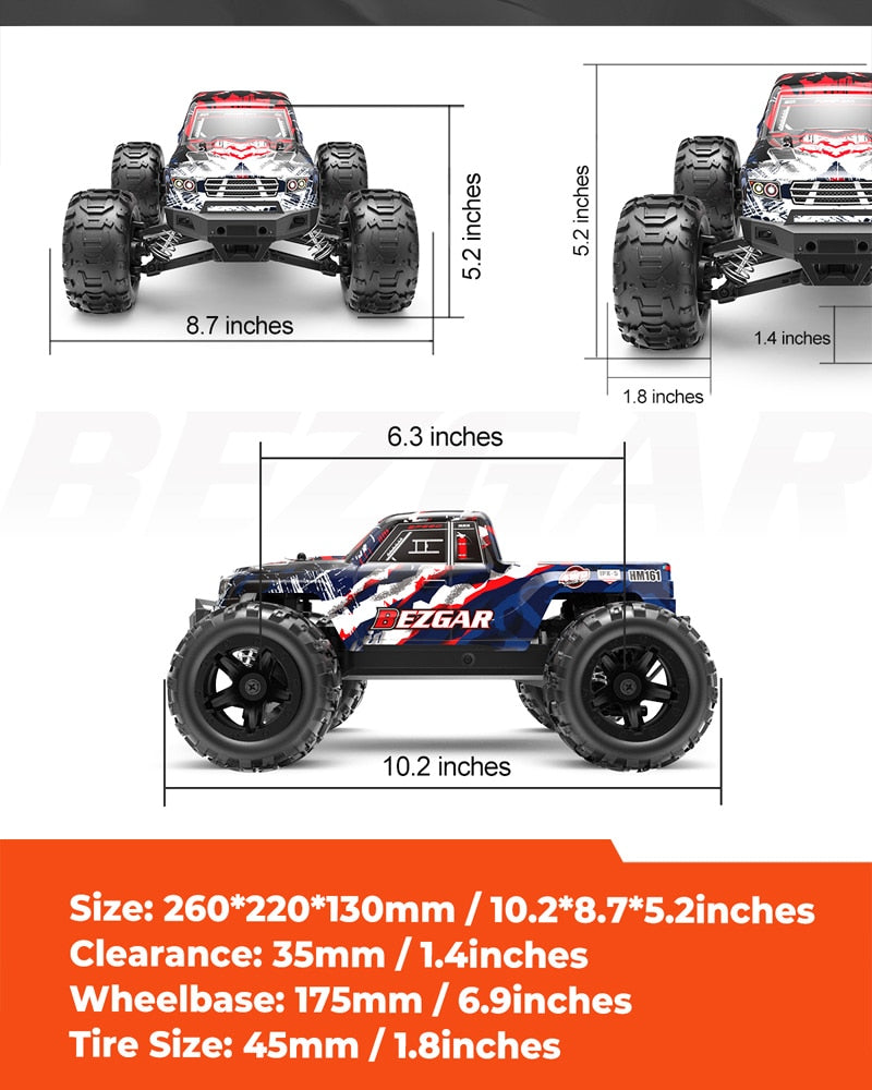 BEZGAR HM161 Hobby RC Car Truck 1:16 All-Terrain 40Km/h Off-Road 4WD Remote Control Monster Crawler with Battery for Kids Adults