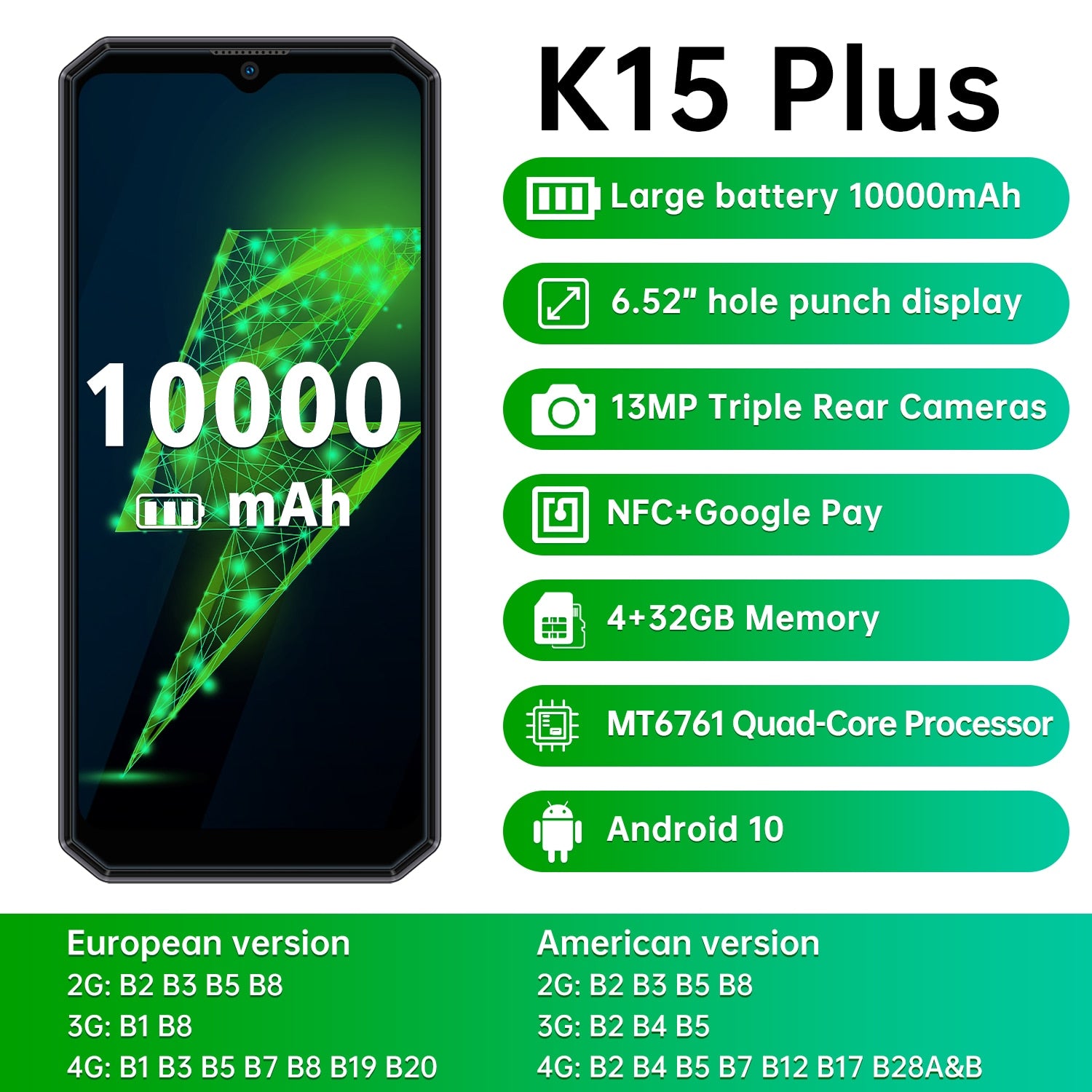 OUKITEL K15 Plus 10000mAh NFC Smartphone 6.52&quot; Android 10.0 Face ID Unlock 4GB RAM 32GB ROM 13MP Triple Cameras Mobile Phone