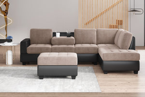 Modern Sectional Sofa with Reversible Chaise, L Shaped  Couch Set with Storage Ottoman and Two Cup Holders