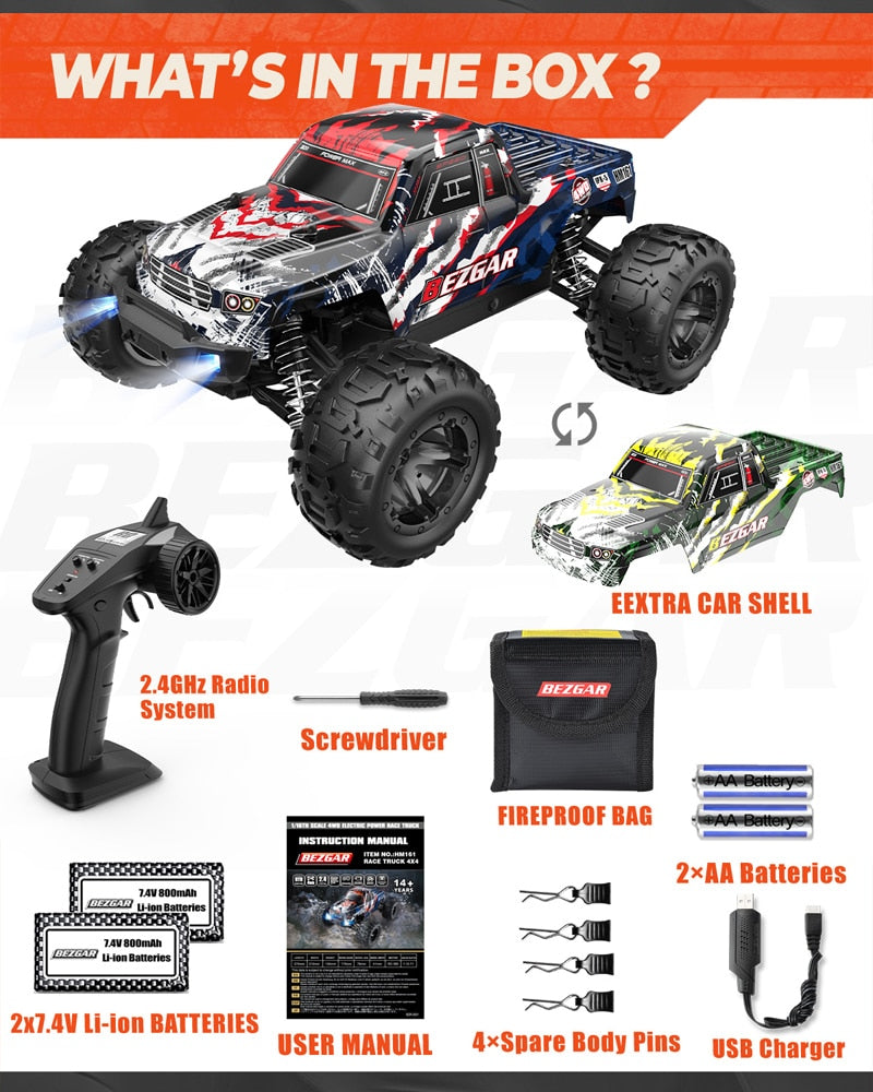 BEZGAR HM161 Hobby RC Car Truck 1:16 All-Terrain 40Km/h Off-Road 4WD Remote Control Monster Crawler with Battery for Kids Adults