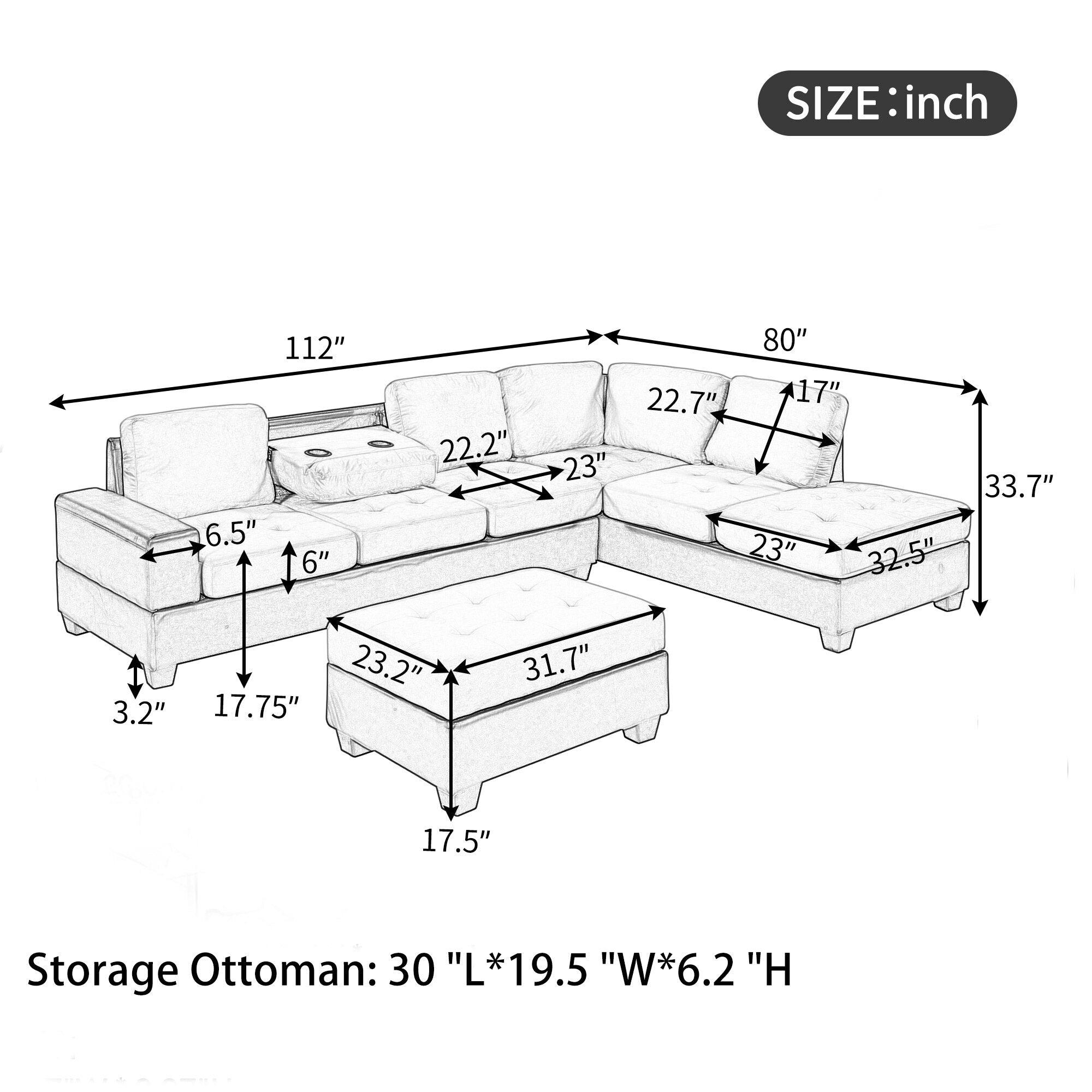 Modern Sectional Sofa with Reversible Chaise, L Shaped  Couch Set with Storage Ottoman and Two Cup Holders