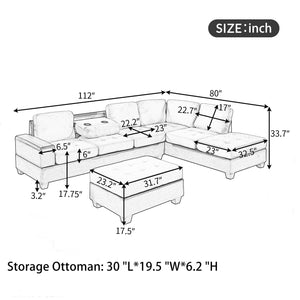 Modern Sectional Sofa with Reversible Chaise, L Shaped  Couch Set with Storage Ottoman and Two Cup Holders