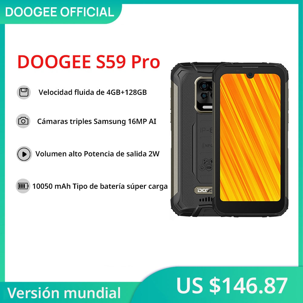 DOOGEE S59 Pro Smartphone 10050mAh Super Battery IP68/IP69K 4+128GB NFC Rugged Smart phone 2W Loud Volume Speaker Cellphones