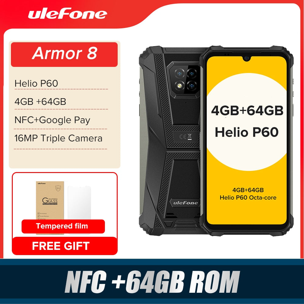 Ulefone Armor 8  Rugged Mobile Phone NFC Android  Helio P60 4GB+64GB 16MP Triple Camera Octa-core  6.1'' Waterproof Smartphone